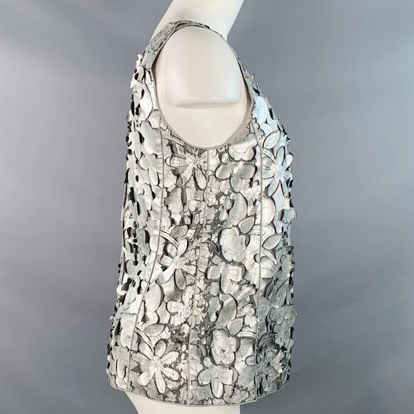 MARC JACOBS Size 0 Silver Grey Leather Floral Cut Out Sleeveless Dress Top - Picture 3 of 12